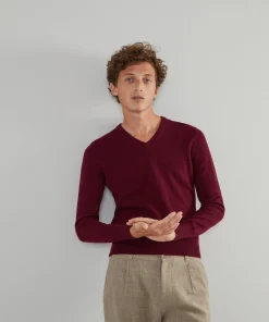 Hot Rodier Pull homme col V en cachemire 2 fils bordeaux