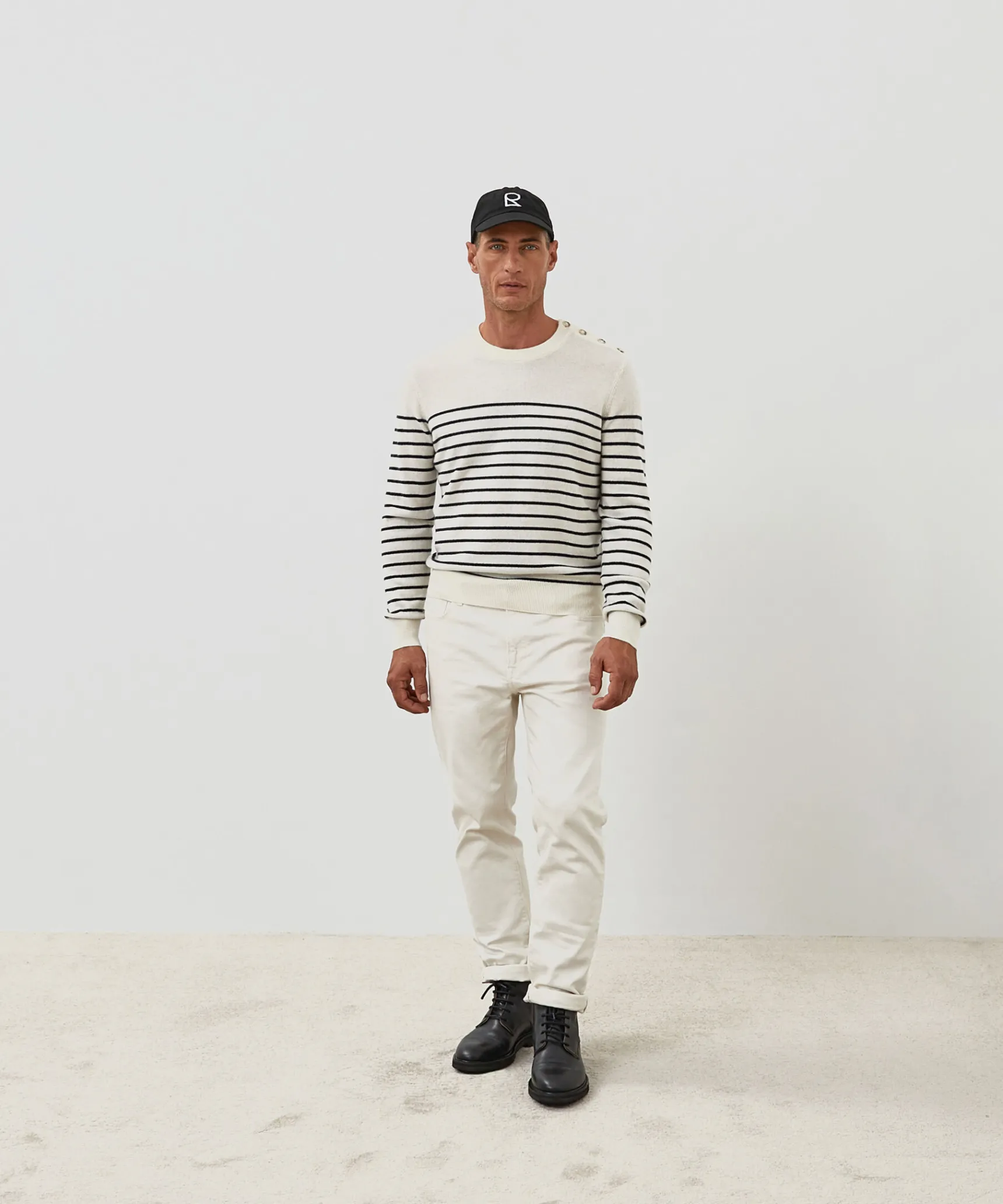 Online Rodier Pull homme marinière cachemire blanc