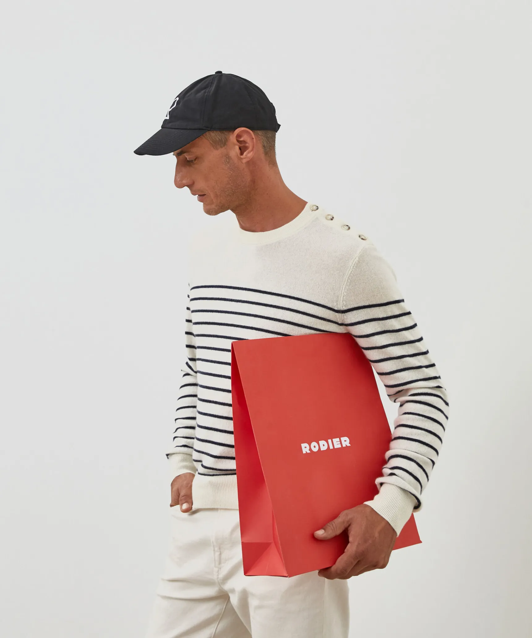 Online Rodier Pull homme marinière cachemire blanc