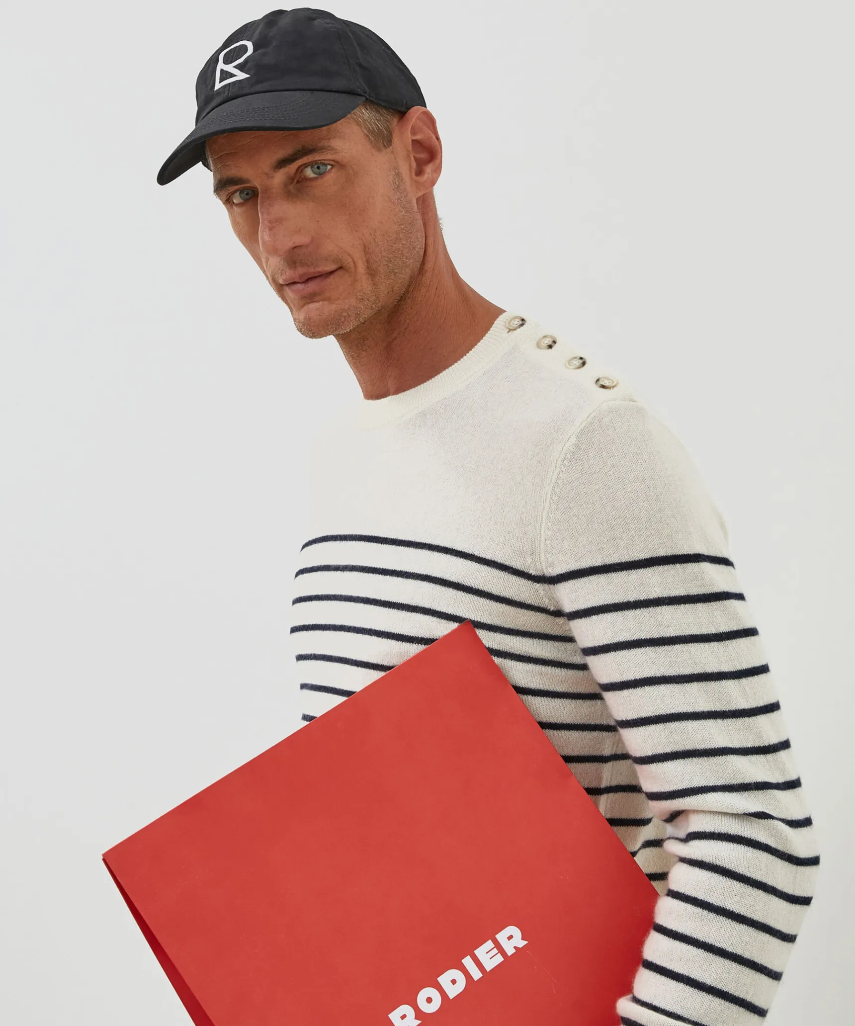 Online Rodier Pull homme marinière cachemire blanc