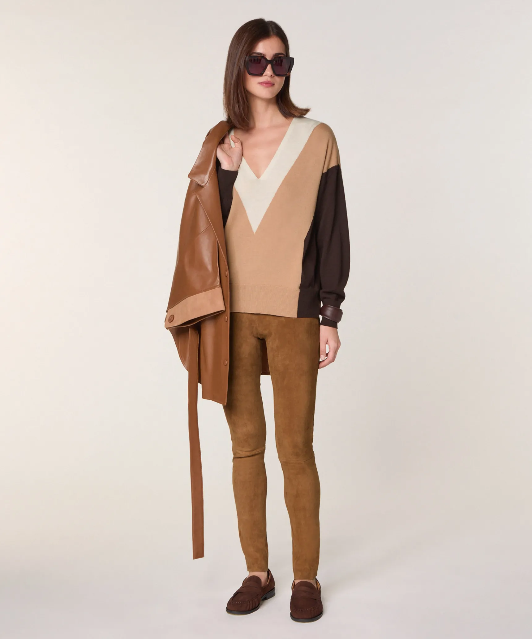 Hot Rodier Pull intarsia en laine mérinos marron café