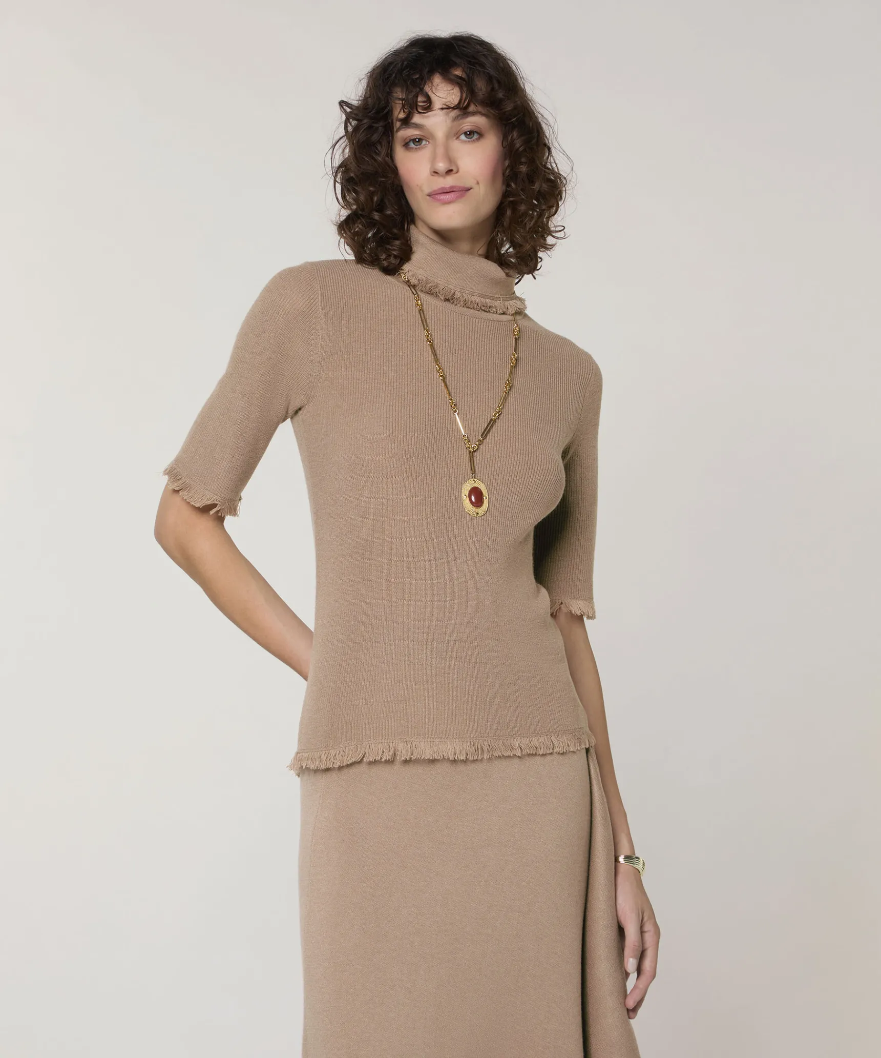 Rodier Pull manches courtes col roulé marron moka