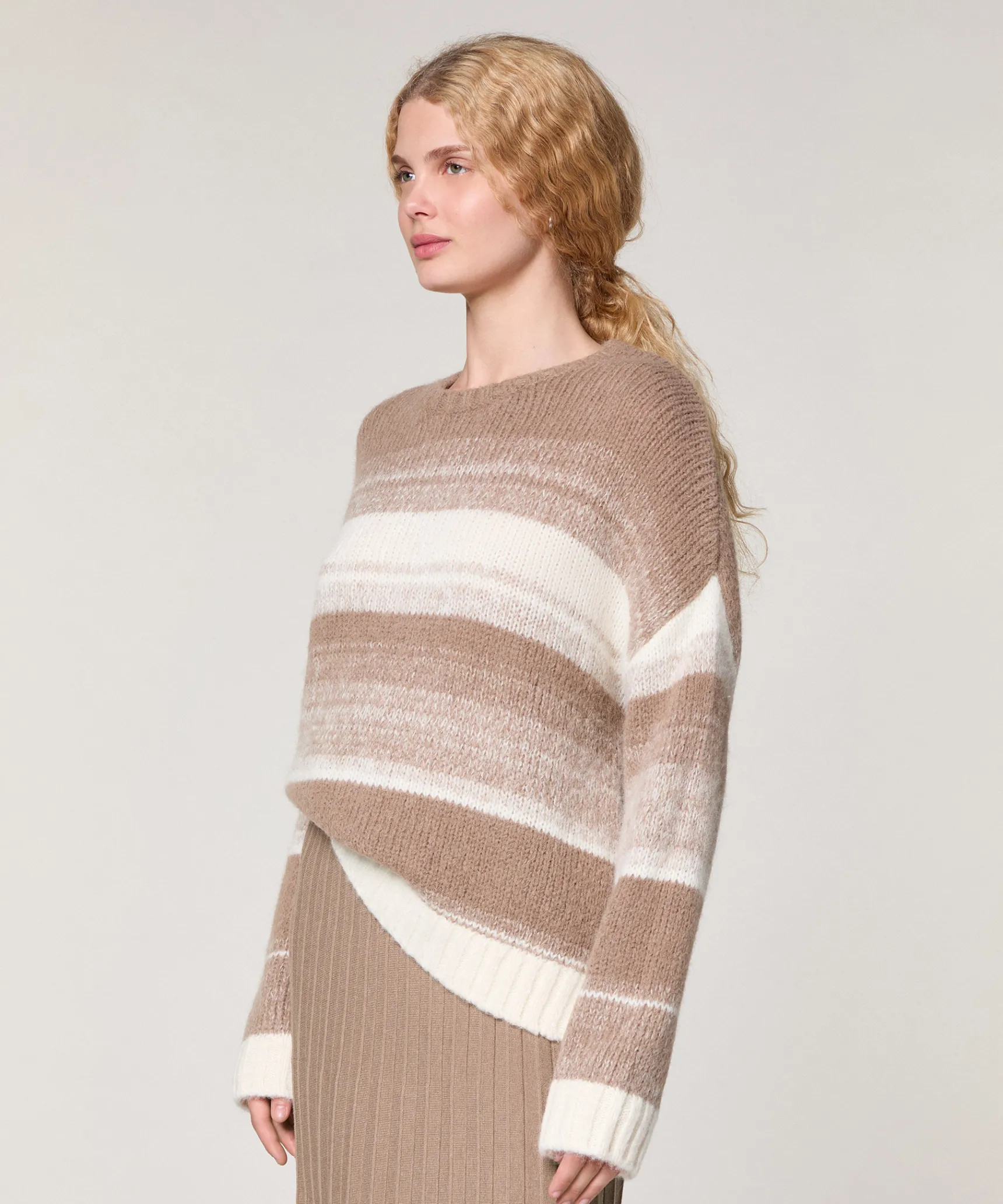 Rodier Pull oversize rayé en alpaga marron taupe