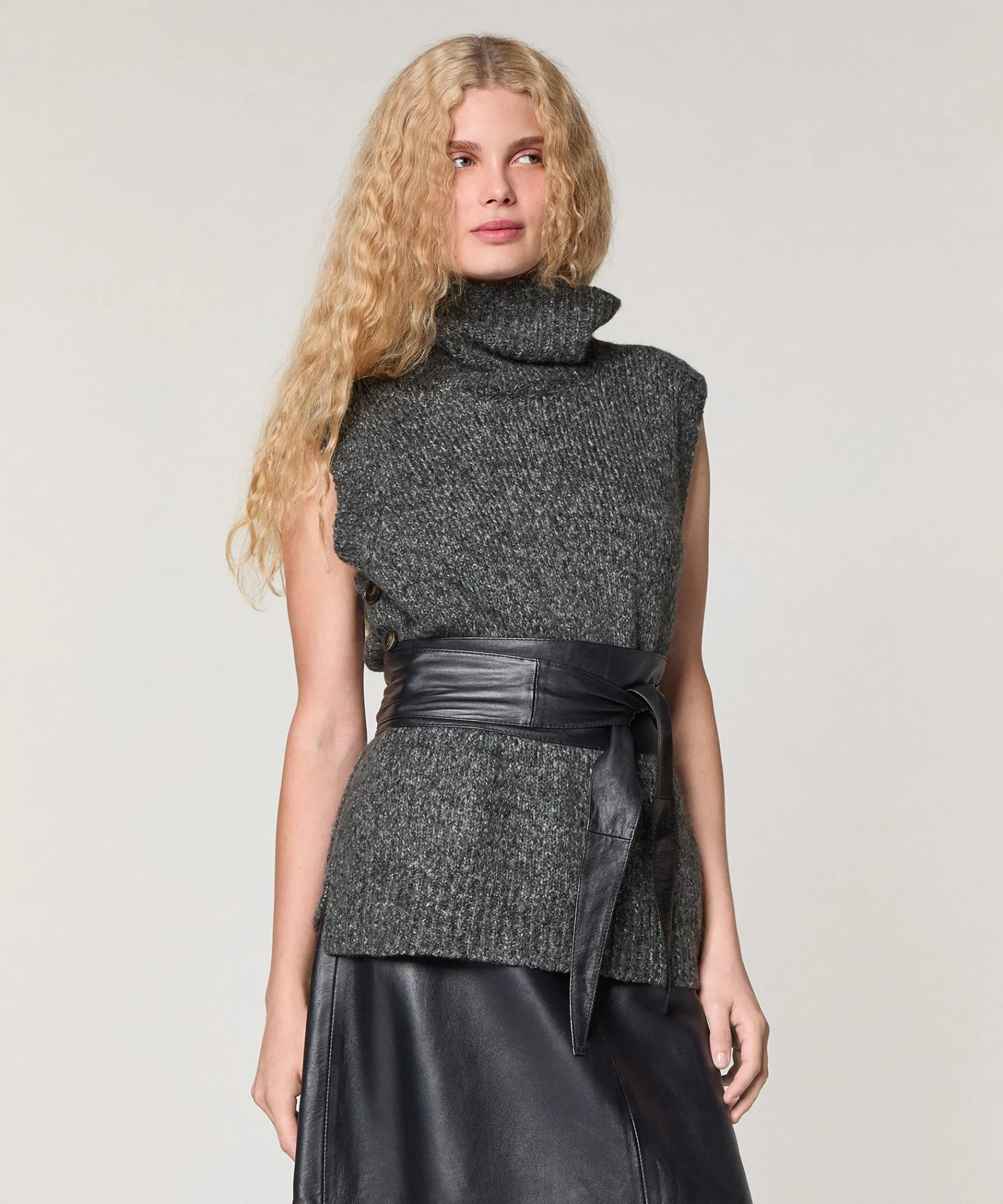 Best Rodier Pull sans manches en grosse maille gris chiné