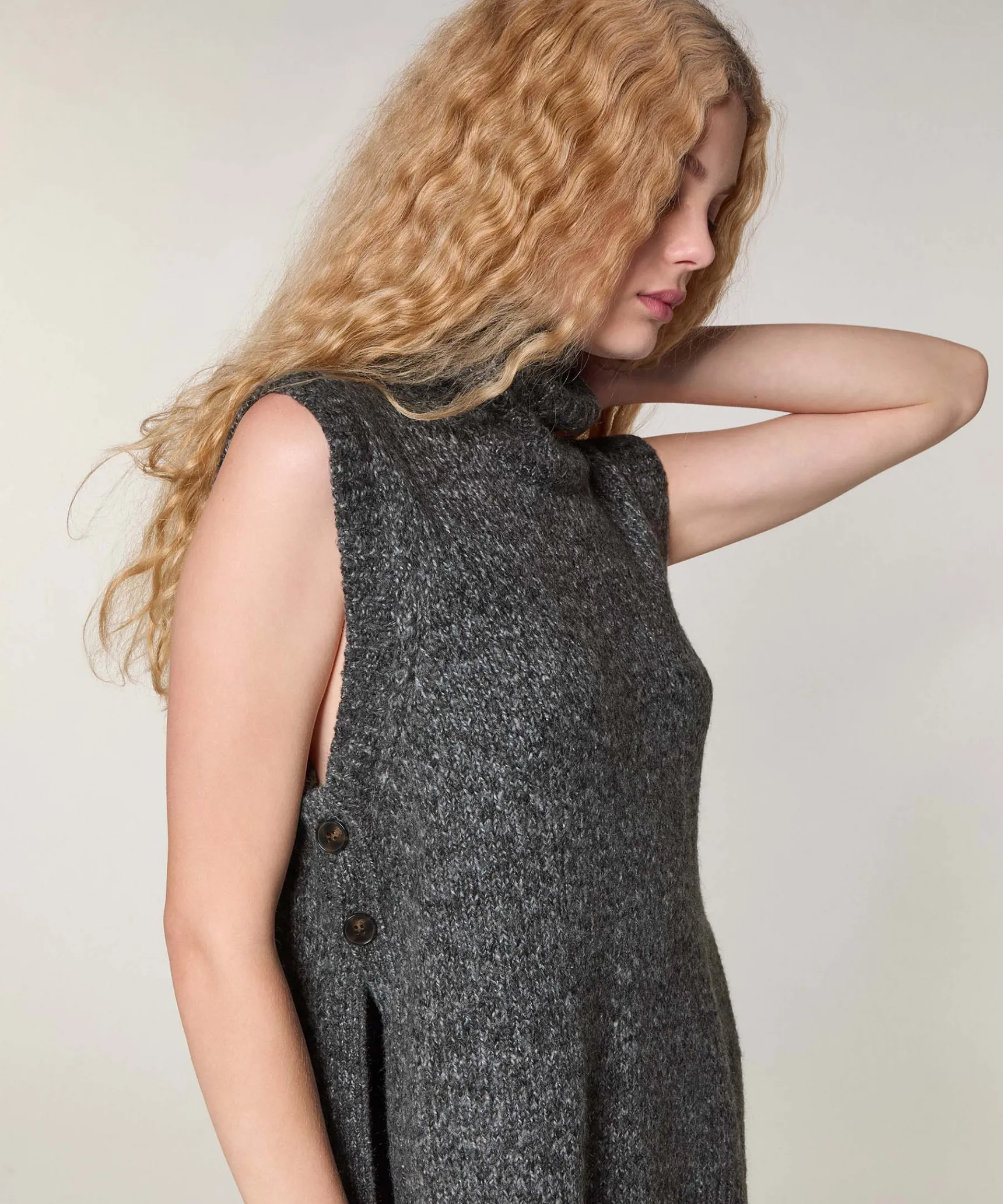 Best Rodier Pull sans manches en grosse maille gris chiné