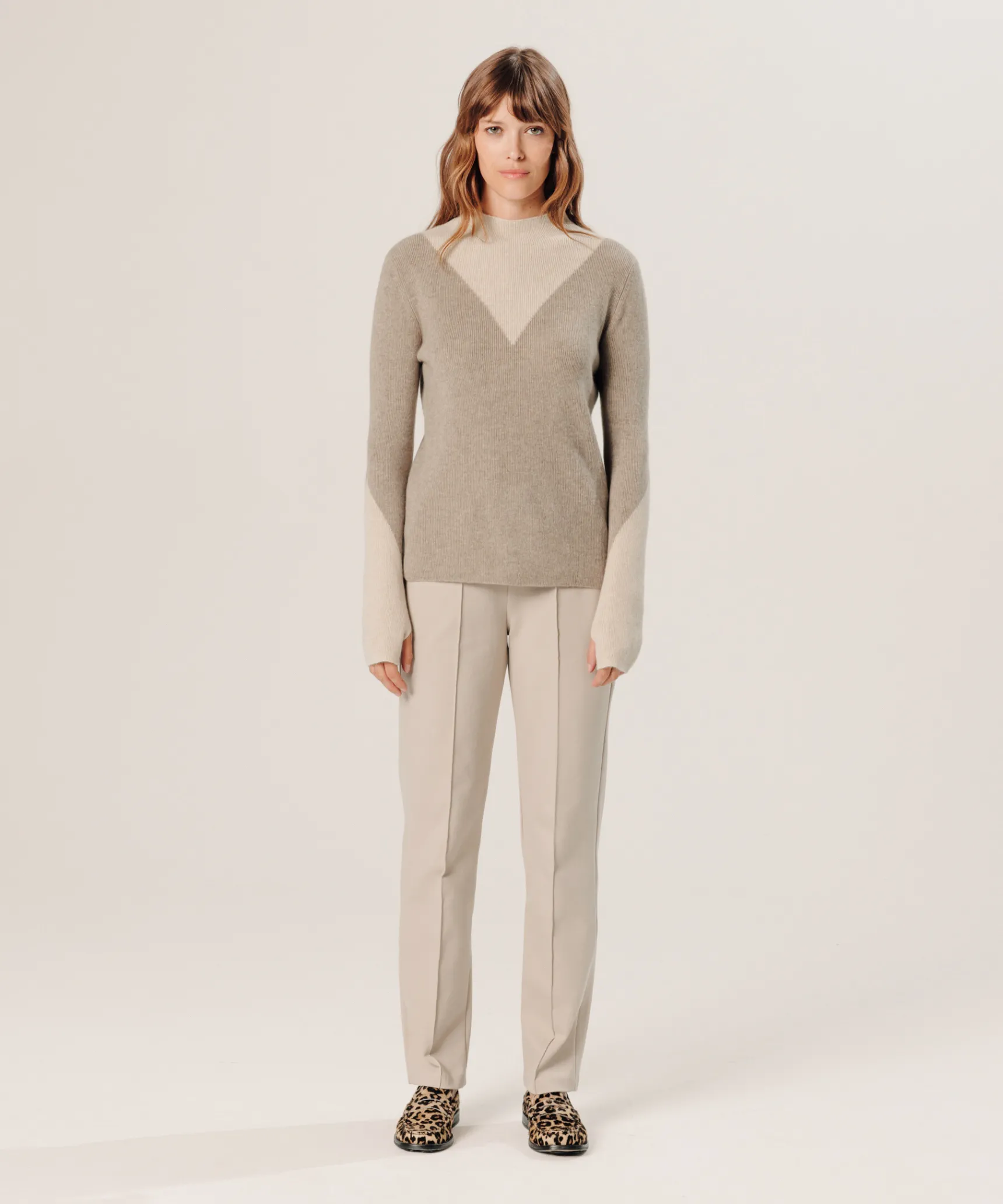 Discount Rodier Pull trompe l'œil en cachemire marron taupe