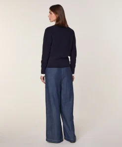 New Rodier Pull trompe l'œil en laine mérinos bleu marine