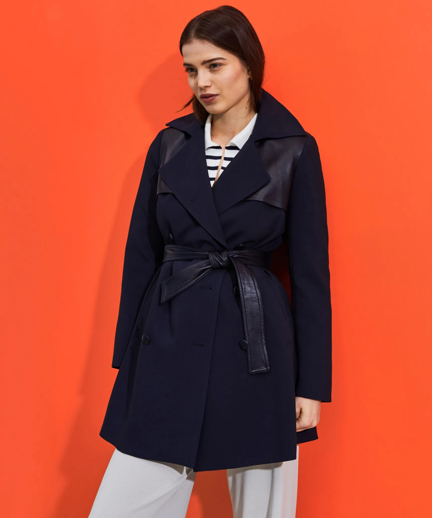 Clearance Rodier Trench-coat bi-matière cuir bleu marine