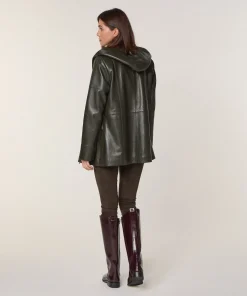 New Rodier Veste à capuche en cuir vert kaki