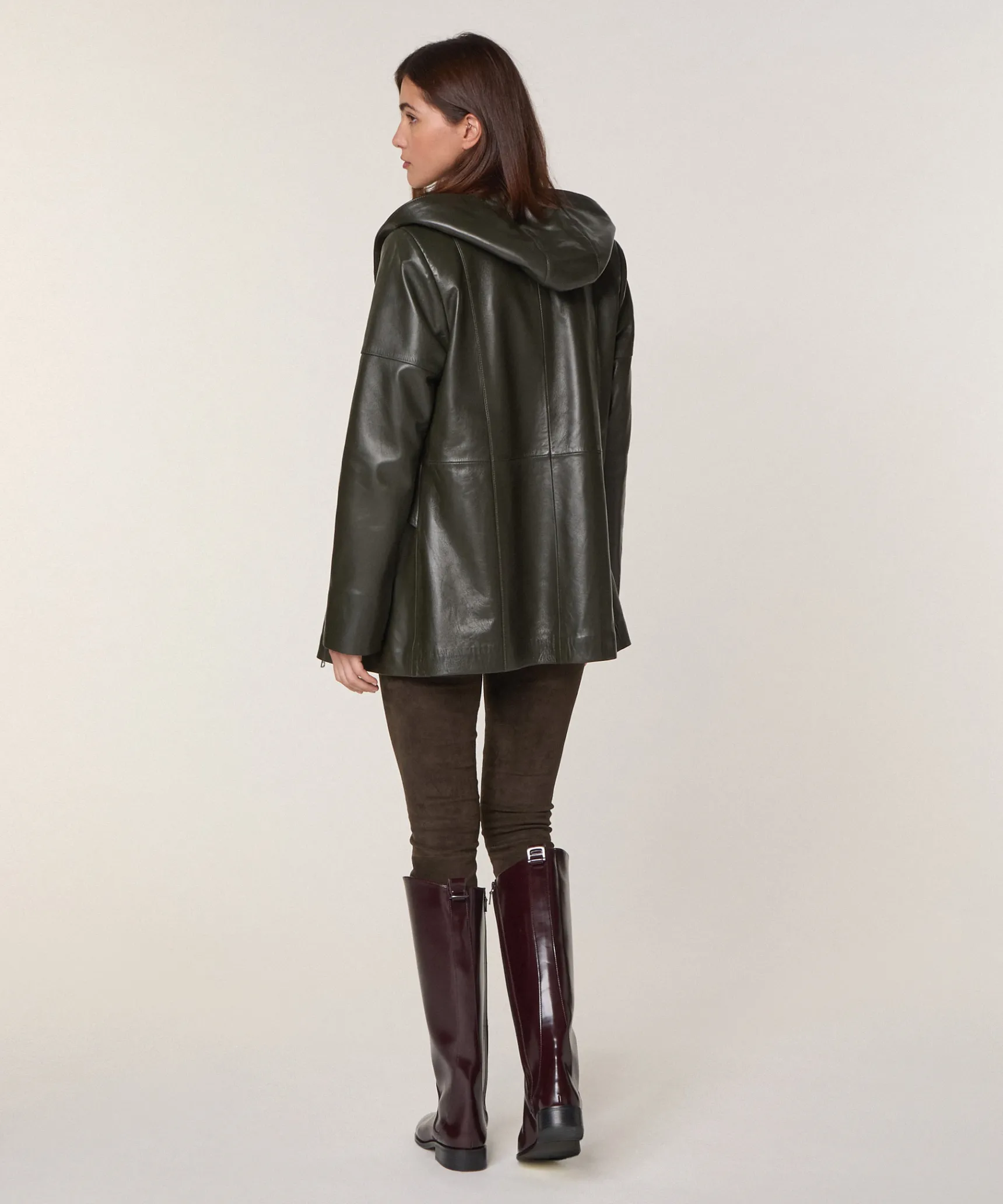 New Rodier Veste à capuche en cuir vert kaki