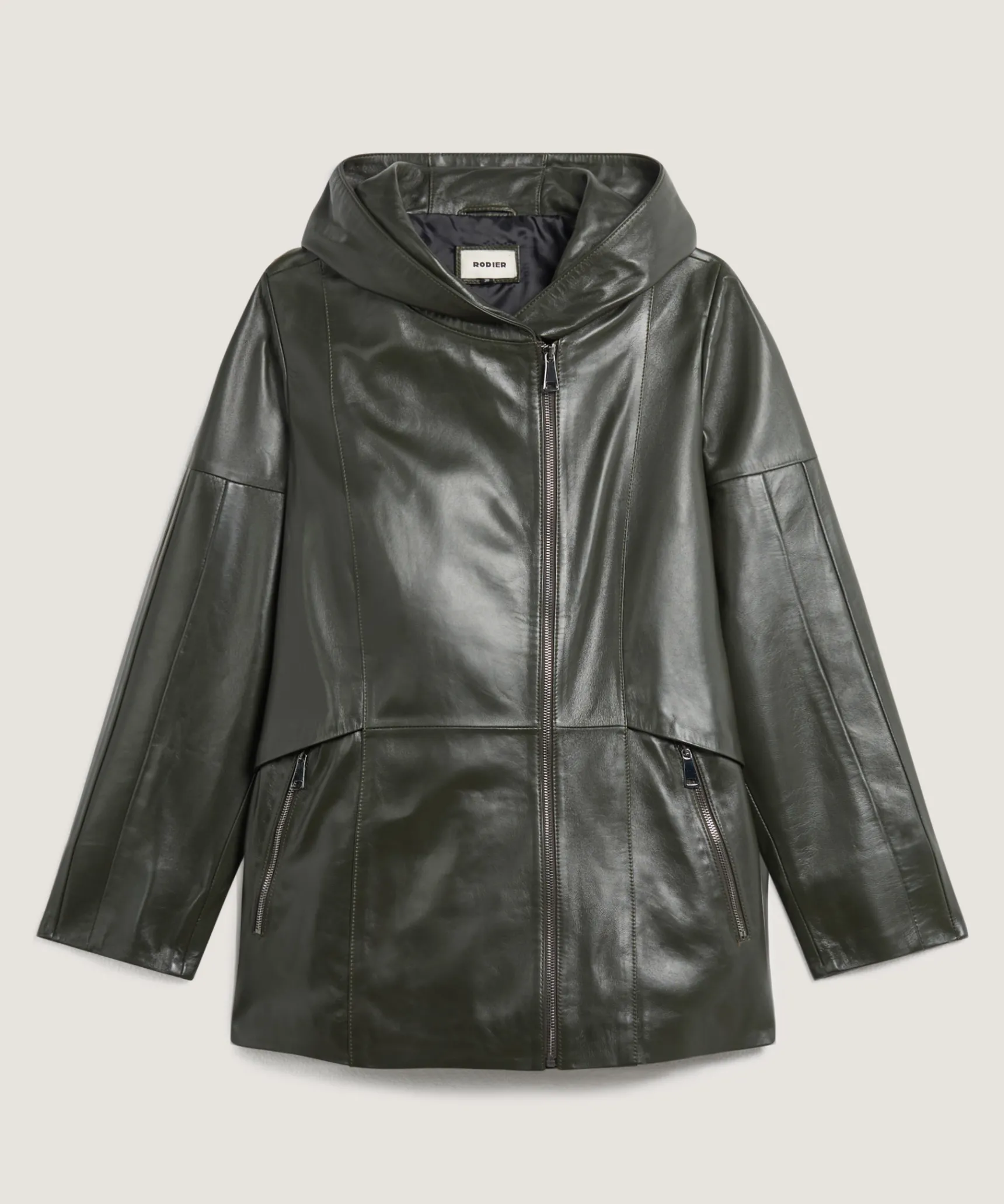 New Rodier Veste à capuche en cuir vert kaki