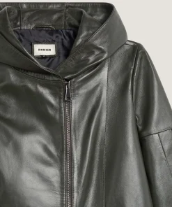 New Rodier Veste à capuche en cuir vert kaki