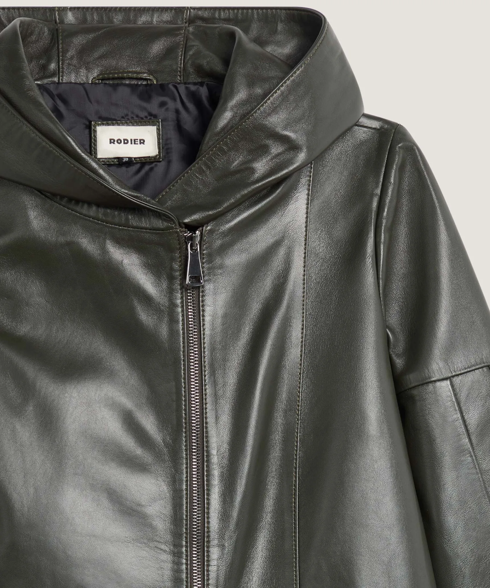 New Rodier Veste à capuche en cuir vert kaki