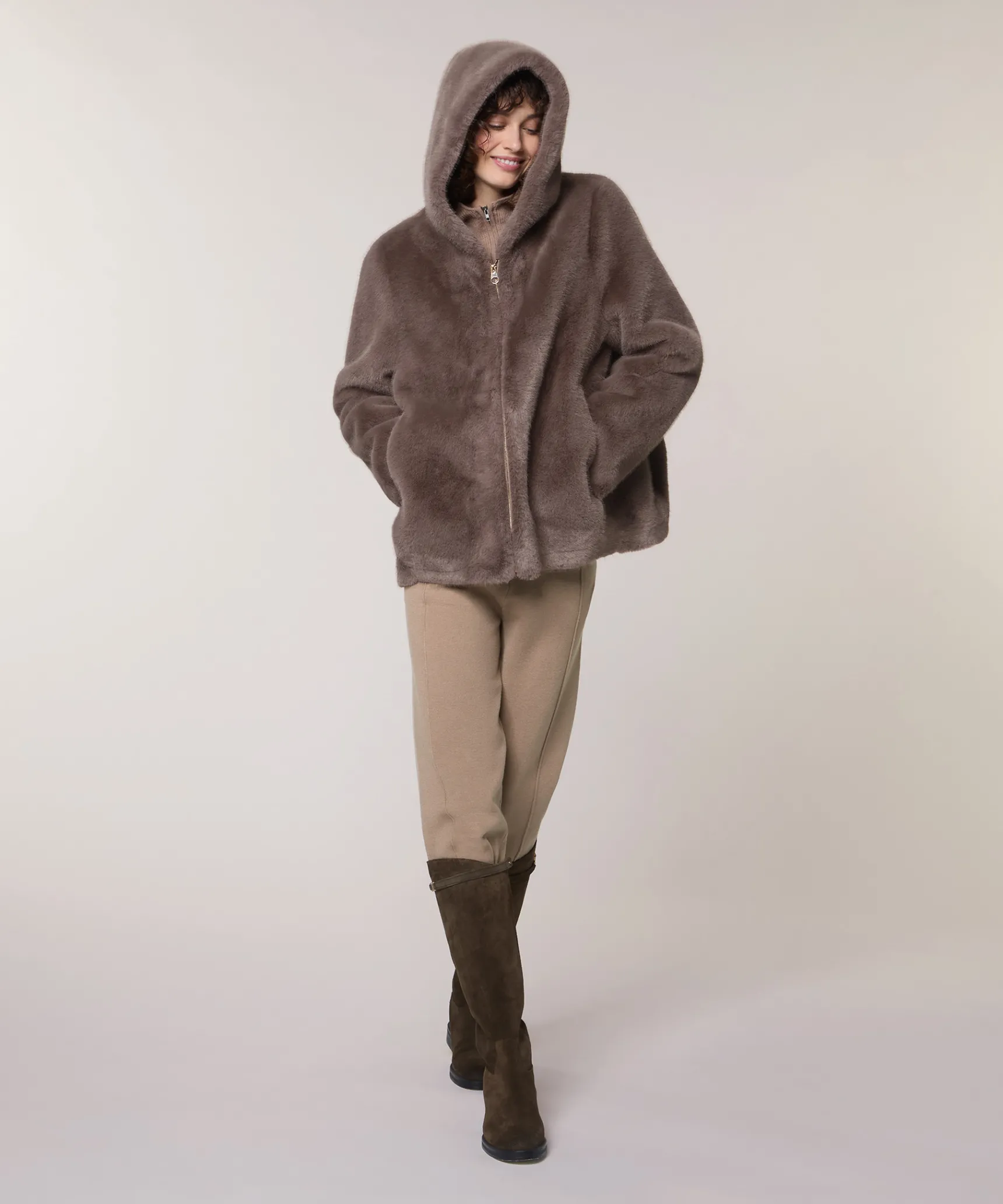 Sale Rodier Veste à capuche fausse fourrure marron taupe
