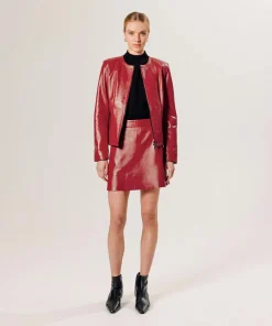 Sale Rodier Veste courte zippée en cuir rouge rubis