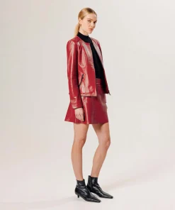 Sale Rodier Veste courte zippée en cuir rouge rubis
