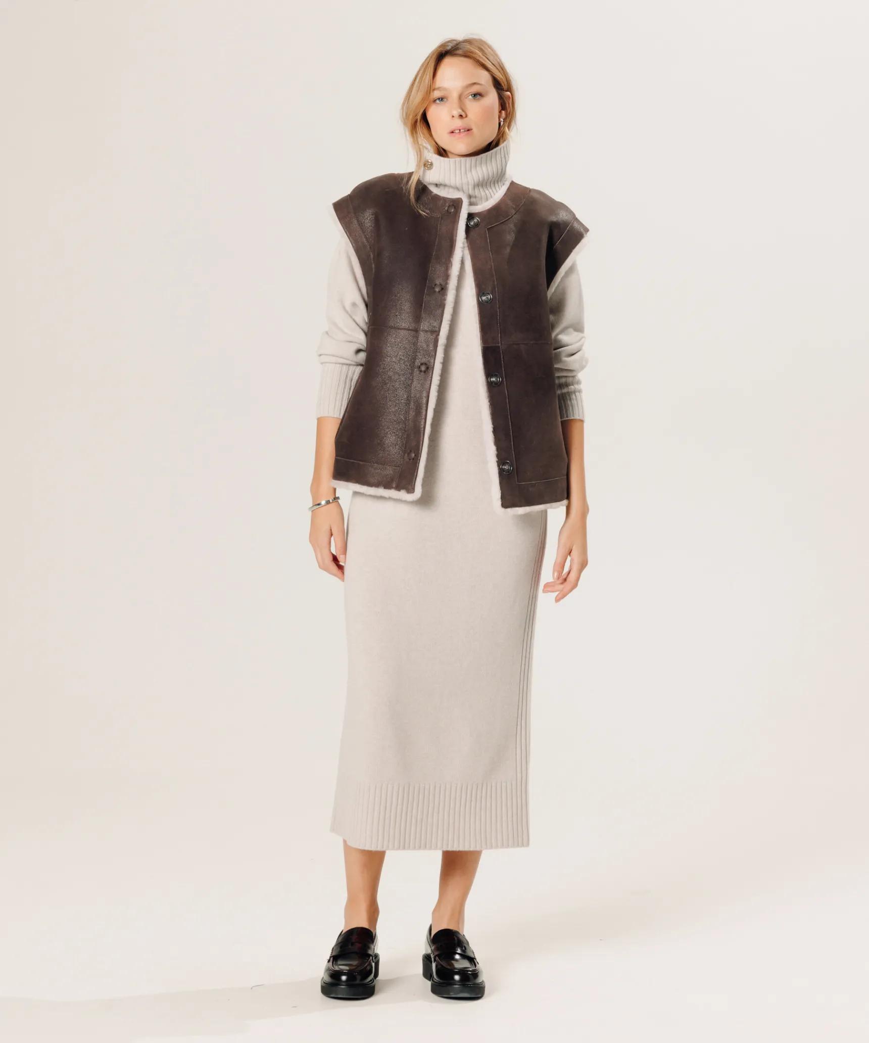 Clearance Rodier Veste sans manches réversible en peau lainée marron