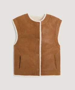 Outlet Rodier Veste sans manches réversible en peau lainée marron camel
